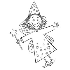 Vector hand drawn illustration of a laughing flying fairy with a magic wand