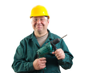 funny workman with a drill, clipping path included