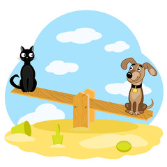 Cat and dog on swing