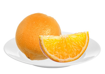Fresh orange on plate isolated on white