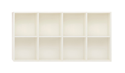 Empty Shelves in the white wooden rack isolated on white