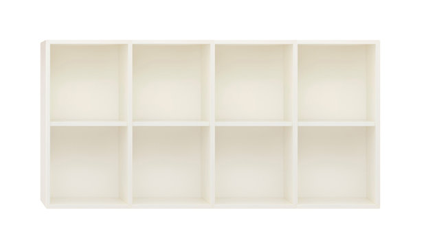 Empty Shelves in the white wooden rack isolated on white