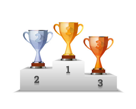Cups of winners award on white podium