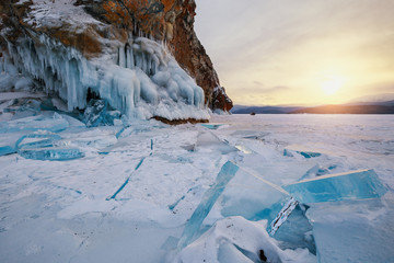 blocks of ice on the lake near the island of Baikal