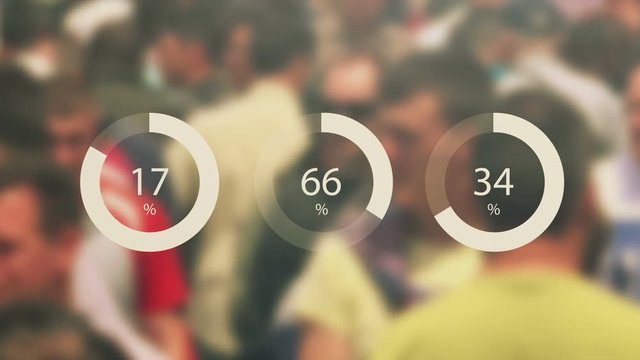 General public infographics footage with blur crowd in background and statistical pie charts