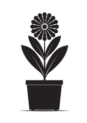 Black Flower and Pot. Vector Illustration.