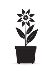 Black Flower and Pot. Vector Illustration.