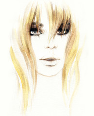 Abstract fashion watercolor illustration. Beautiful woman face. 