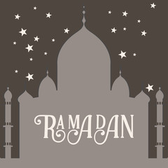 Fototapeta na wymiar Ramadan vector greeting card with silhouette of mosque. Vector multicolor seamless background. Ramadan Kareem.
