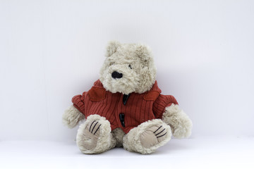 Teddy bear sitting back on a white background .