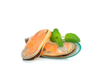 New Zealand mussels and mint leaf on a white background