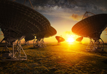Satellite dish view at sunset - obrazy, fototapety, plakaty