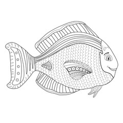 Adult coloring book page. Kids coloring page with fish character. Kids coloring page with happy aquarium fish