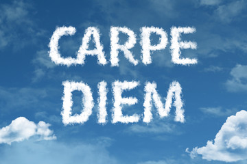 Carpe Diem cloud word with a blue sky