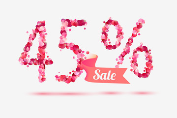 forty five (45) percents sale. Vector digits of pink rose petals