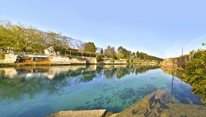 Fototapeta na wymiar panoramic photo of Corinth canal - part of the Isthmus of Corinth Greece