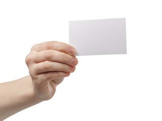 Fototapeta premium young woman hand showing empty paper card to camera, isolated on white background
