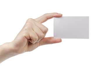 Obraz premium young woman hand showing empty paper card to camera, isolated on white background