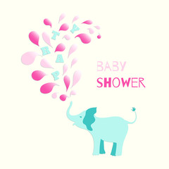 Baby girl shower invitation card design. Baby elephant spraying colourful water drops over itself. Vector illustration for your design.