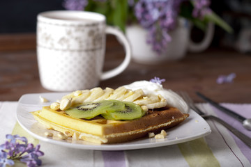waffle with cream and fruits