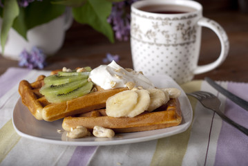 waffle with cream and fruits