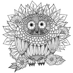 hand drawn illustration of owl in zentangle style