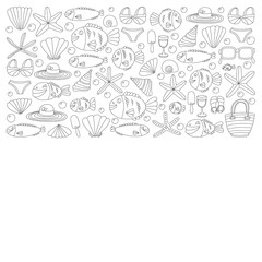Vector doodle pictures of beach vacation and tropical sea life
