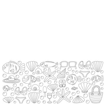 Vector doodle pictures of beach vacation and tropical sea life