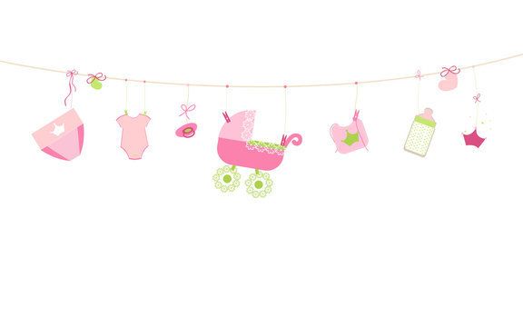 Baby shower card. Baby girl hanging symbols illustration