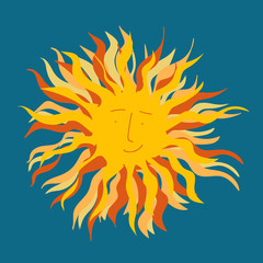 Illustration of yellow sun with smile on blue sky