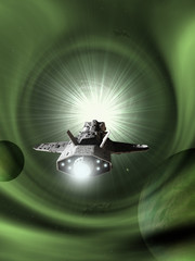 Science fiction illustration of an interplanetary spaceship approaching light speed entering a green wormhole in space, 3d digitally rendered illustration