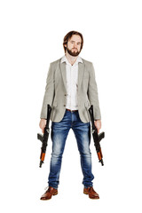 Fototapeta premium man holding a machine gun isolated on white background