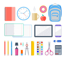 Fototapeta na wymiar School and education workplace items. Vector flat illustration of top view object set. Isolated school, education workspace accessories on white background. Infographic elements for web, presentation