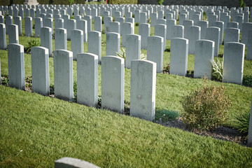 memorial for fallen soldiers of world war one in Belgium / white gravestones on cemetery in Belgium