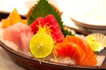 close up japanese food sushi boat set.