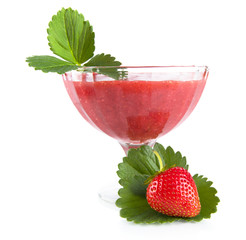 Cropped view of strawberry with goblet,leaves on white