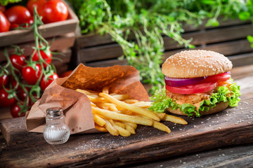 Delicious chicken burger with french fries