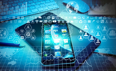 Modern mobile phone whit digital charts and screen interface
