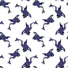 Orca or killer whale. Seamless watercolor pattern