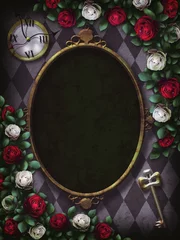 Foto op Aluminium Alice in Wonderland. Red  roses and white roses on  chess background. Clock and key. Wonderland background. Rose flower frame. Illustration © svetlanasmirnova