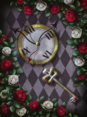 Alice in Wonderland. Red  roses and white roses on  chess background. Clock and key. Wonderland background. Rose flower frame. Illustration