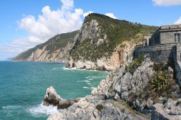 Steep coastal scenery of Porto Venere, Mediterranean Sea Italy 