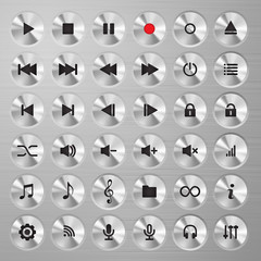 Media player polished metal buttons collection on brushed panel