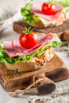Two delicious sandwich with salami