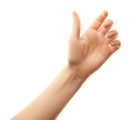 Female hand on white background