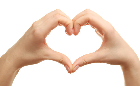 Female hands in heart shape on white background