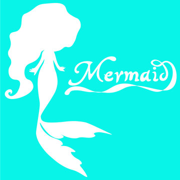 cute fairy swimming mermaid with long curly hair silhouette vector illustration of white on a  turquoise  background  with the words mermaid
