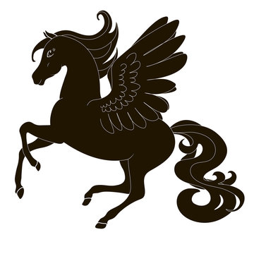 Pegasus, horse with wings in motion a fine silhouette - black over white, vector icon illustration