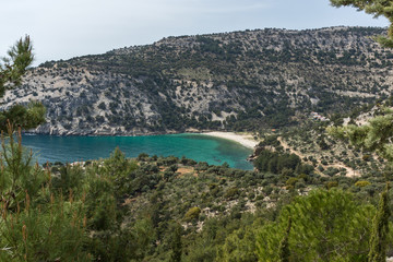 Fototapeta na wymiar Panoramic view of Livadi beach, Thassos island, East Macedonia and Thrace, Greece 