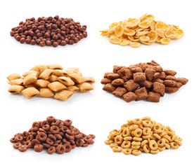 Corn pads, rings, balls and cornflakes isolated on white backgro